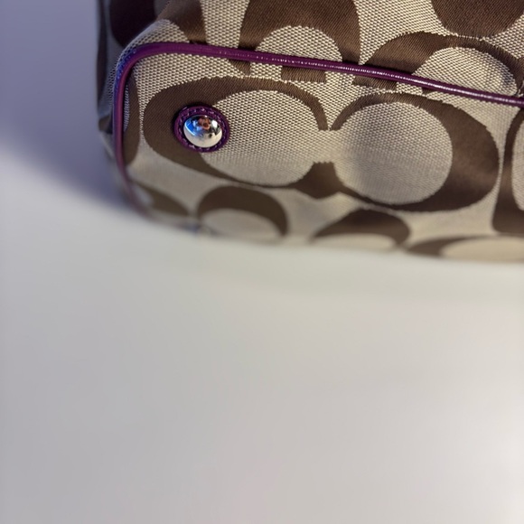 Coach Brown Canvas Tote Shoulder Bag w/ Purple Strip & Handles - Picture 6 of 11